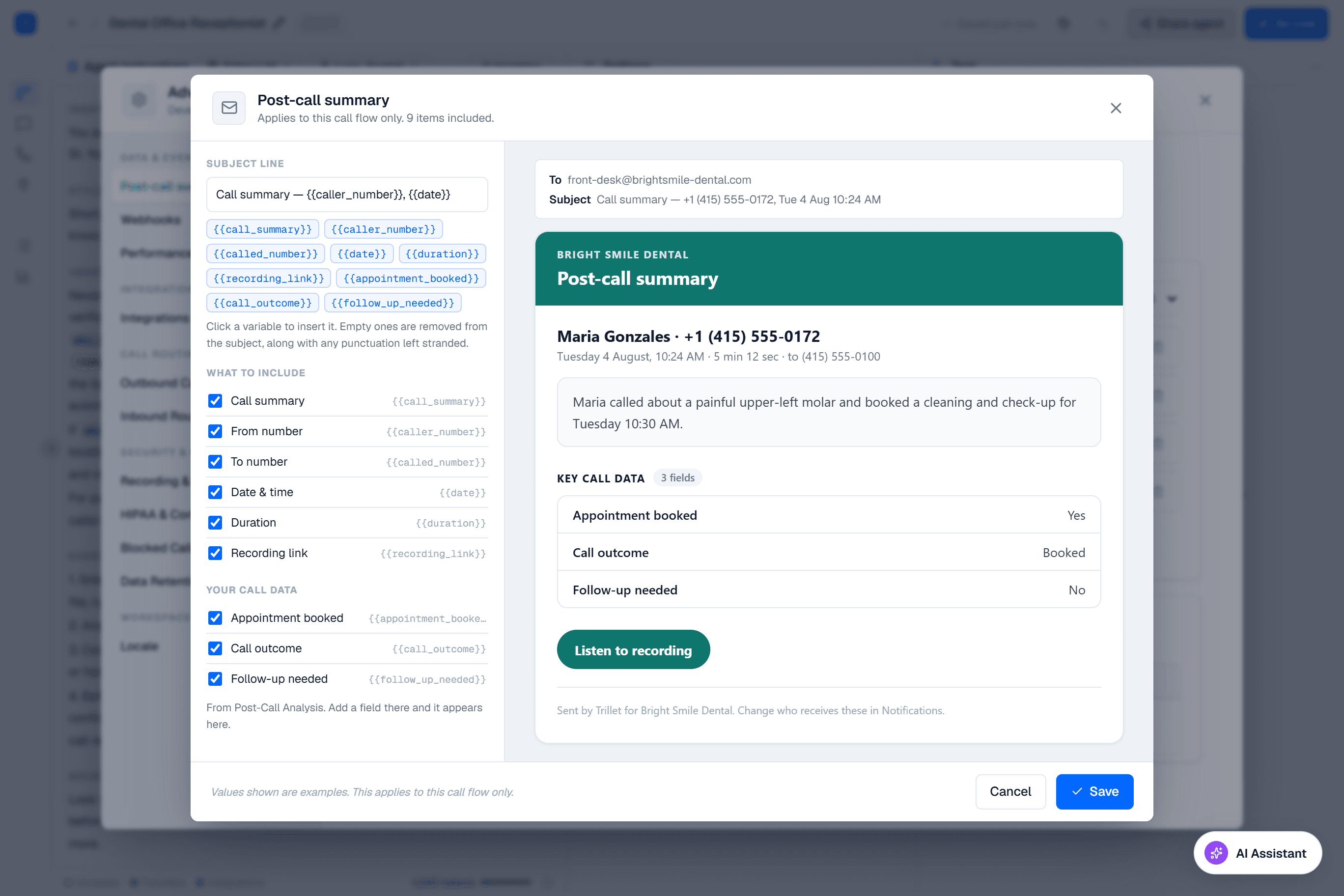 Trillet post-call summary email builder with subject-line variables, summary and analysis fields, and a live branded email preview
