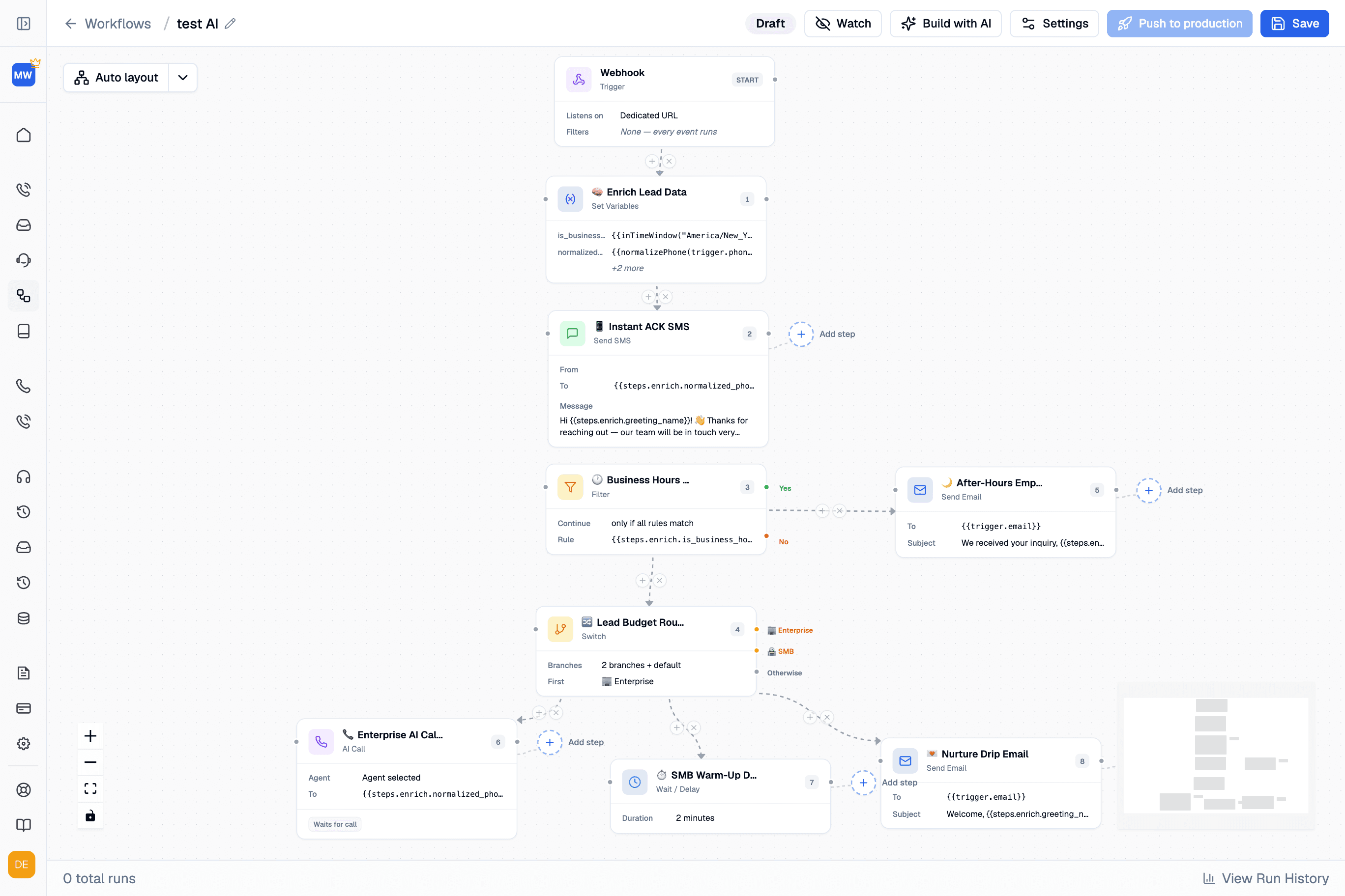 Trillet workflow editor showing a webhook trigger, lead enrichment, acknowledgment SMS, business-hours filter, Enterprise and SMB branches, AI call, warm-up delay and nurture email