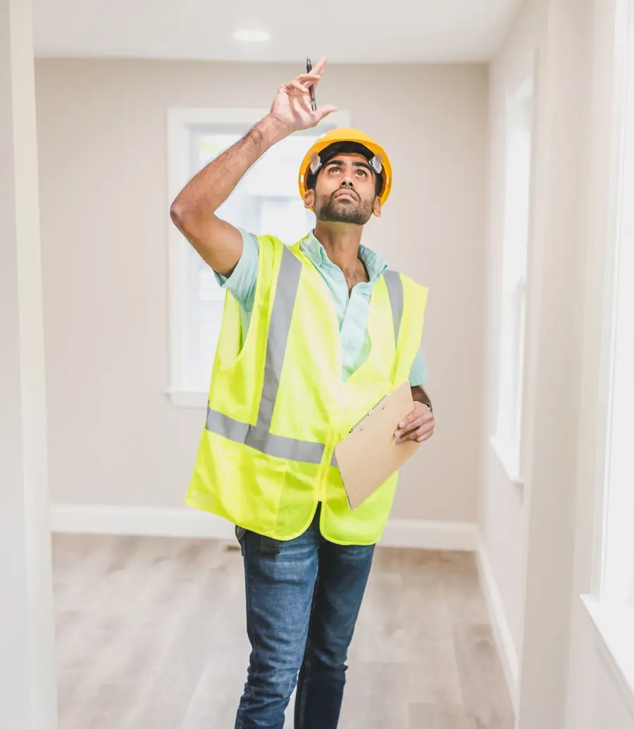 Inspector in a hi-vis vest pointing up at a ceiling while holding a clipboard