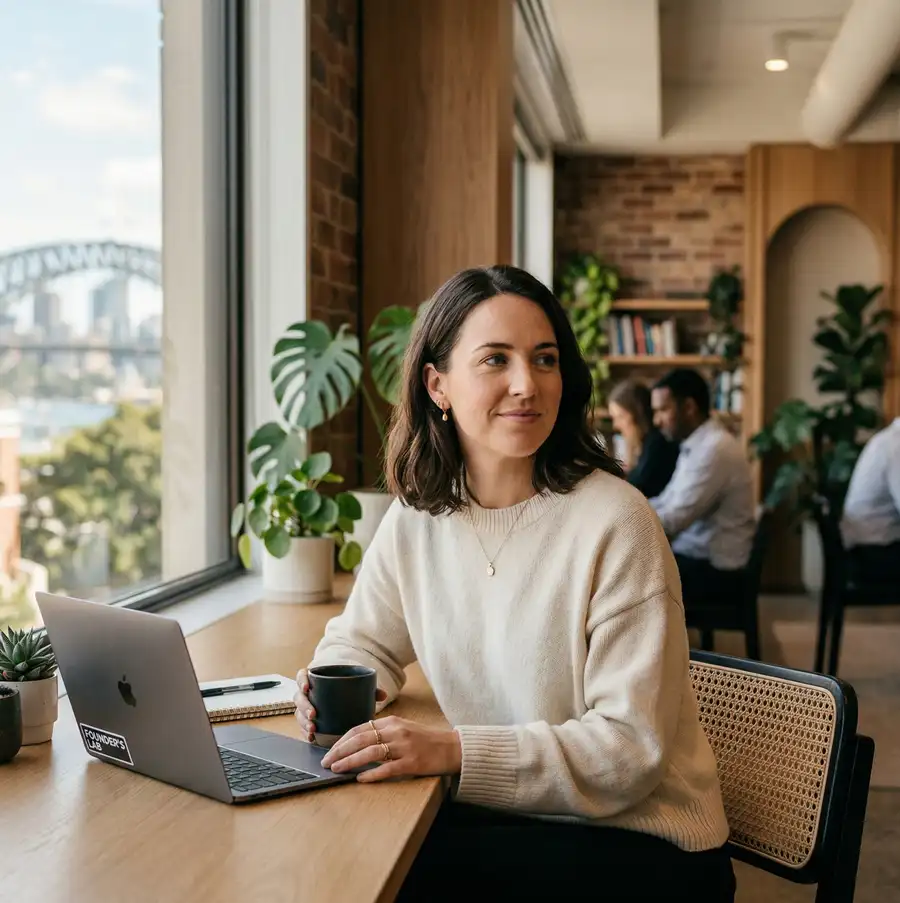 Adviser at her laptop in a bright office, colleagues meeting behind her